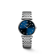 Quadrante bianco semplice con sottili indici a bastone e lancette blu dell'orologio Longines La Grande Classique